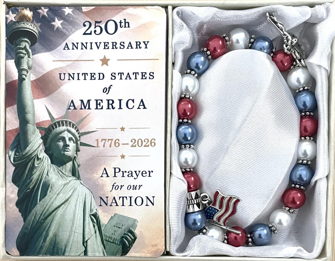 250th Anniversary USA 8mm Pearl Bracelet with Prayer Card Gift Boxed 250th Anniversary USA 8mm Pearl Bracelet with Prayer Card Gift Boxed