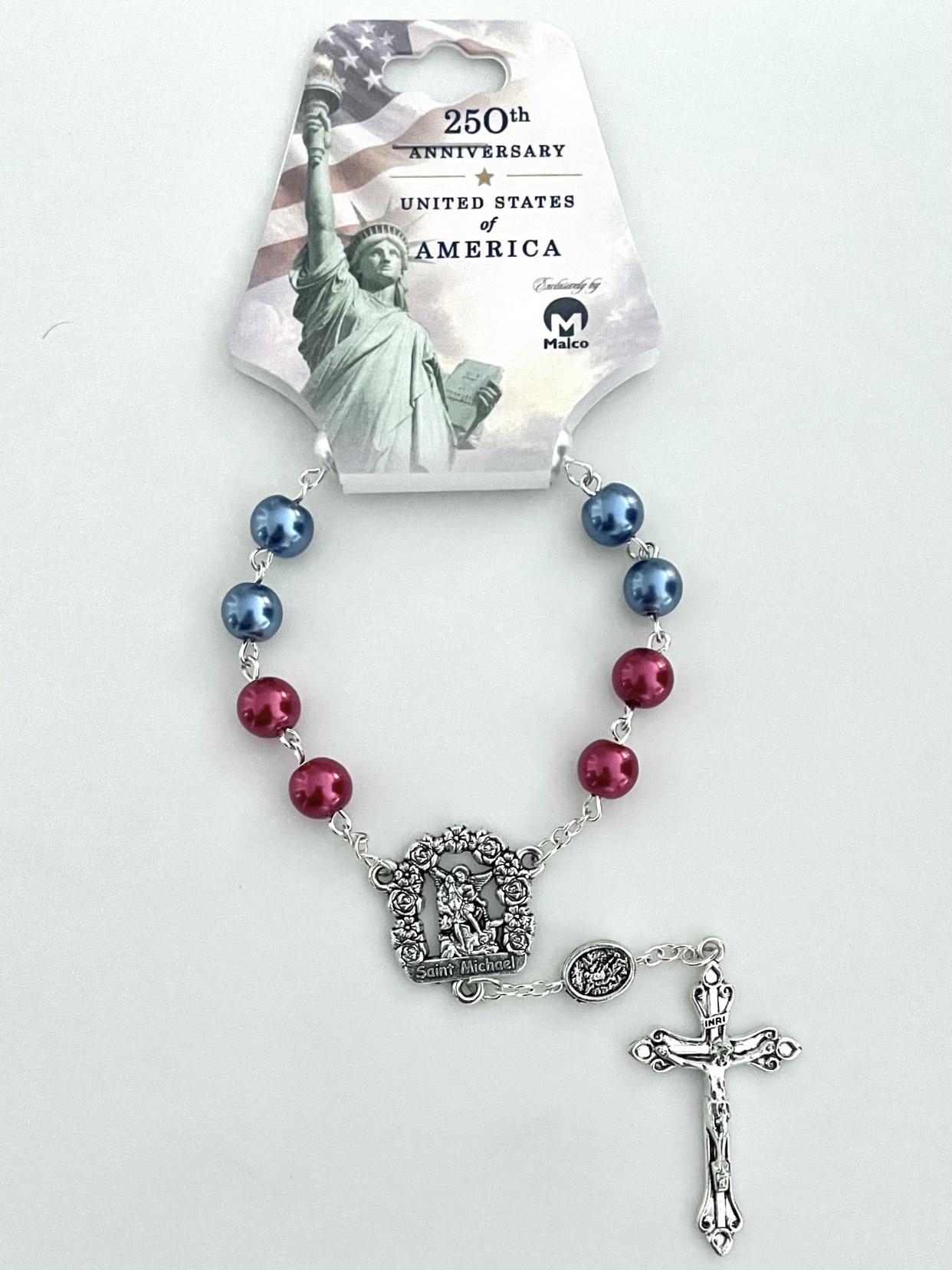 8mm RED WHITE AND BLUE PEARL AUTO ROSARY WITH USA ANNIVERSARY HANGTAG 8mm RED WHITE AND BLUE PEARL AUTO ROSARY WITH USA ANNIVERSARY HANGTAG