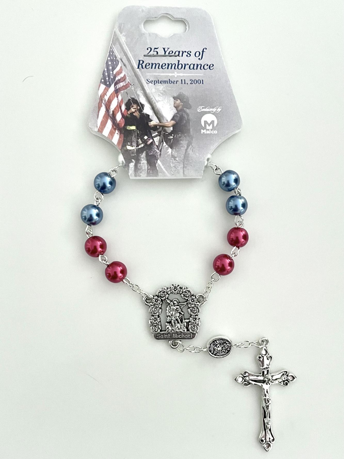 8mm RED WHITE AND BLUE PEARL AUTO ROSARY WITH 9/11 ANNIVERSARY HANGTAG 8mm RED WHITE AND BLUE PEARL AUTO ROSARY WITH 9/11 ANNIVERSARY HANGTAG