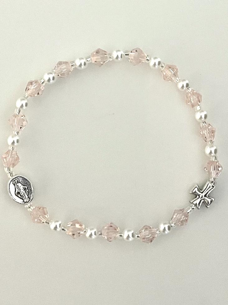 6mm PINK TIN CUT CRYSTAL AND PEARL STRETCH ROSARY BRACELET 6mm PINK TIN CUT CRYSTAL AND PEARL STRETCH ROSARY BRACELET