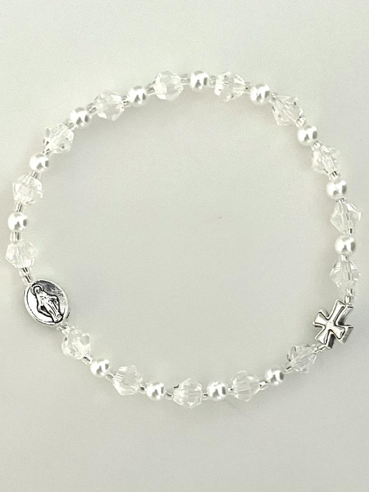 6mm TIN CUT CRYSTAL AND PEARL STRETCH ROSARY BRACELET 6mm TIN CUT CRYSTAL AND PEARL STRETCH ROSARY BRACELET