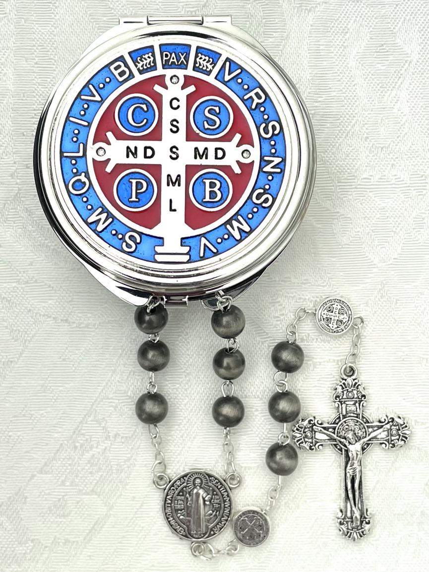 ST. BENEDICT ROSARY BOX RHODIUM METAL WITH RED AND BLUE ENAMEL PACKAGED WITH AN 8mm ST BENEDICT ROSARY ST. BENEDICT ROSARY BOX RHODIUM METAL WITH RED AND BLUE ENAMEL PACKAGED WITH AN 8mm ST BENEDICT ROSARY