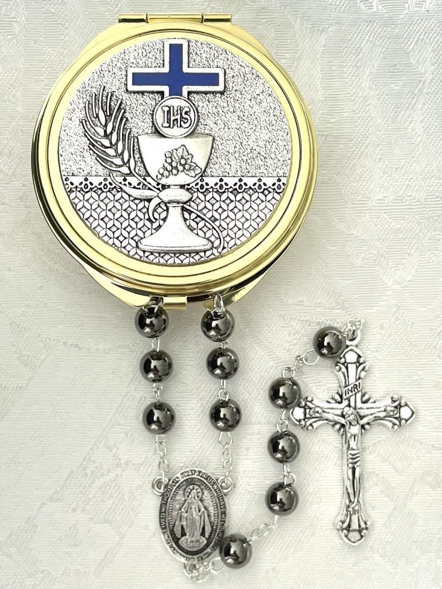 CHALICE ROSARY BOX GOLD METAL WITH BLUE ENAMEL PACKAGED WITH AN 8mm HEMATITE ROSARY CHALICE ROSARY BOX GOLD METAL WITH BLUE ENAMEL PACKAGED WITH AN 8mm HEMATITE ROSARY