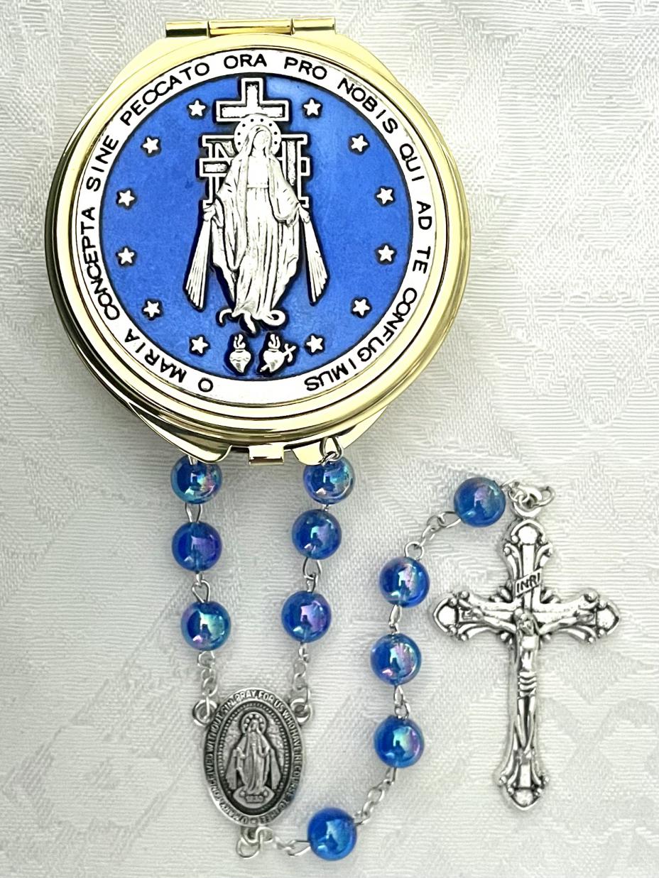 OUR LADY OF GRACE ROSARY BOX GOLD METAL WITH BLUE ENAMEL PACKAGED WITH AN 8mm SAPPHIRE AB ROSARY OUR LADY OF GRACE ROSARY BOX GOLD METAL WITH BLUE ENAMEL PACKAGED WITH AN 8mm SAPPHIRE AB ROSARY