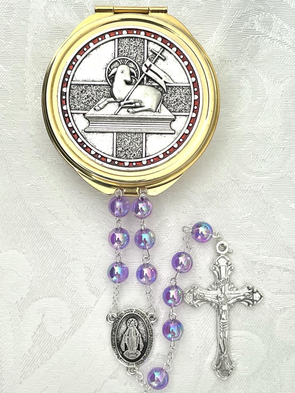LAMB ROSARY BOX RHODIUM METAL WITH RED ENAMEL PACKAGED WITH AN 8mm AMETHYST AB ROSARY LAMB ROSARY BOX RHODIUM METAL WITH RED ENAMEL PACKAGED WITH AN 8mm AMETHYST AB ROSARY