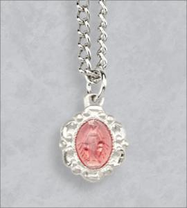 Sterling Silver Pink Enameled Miraculous Medal 18in Chain