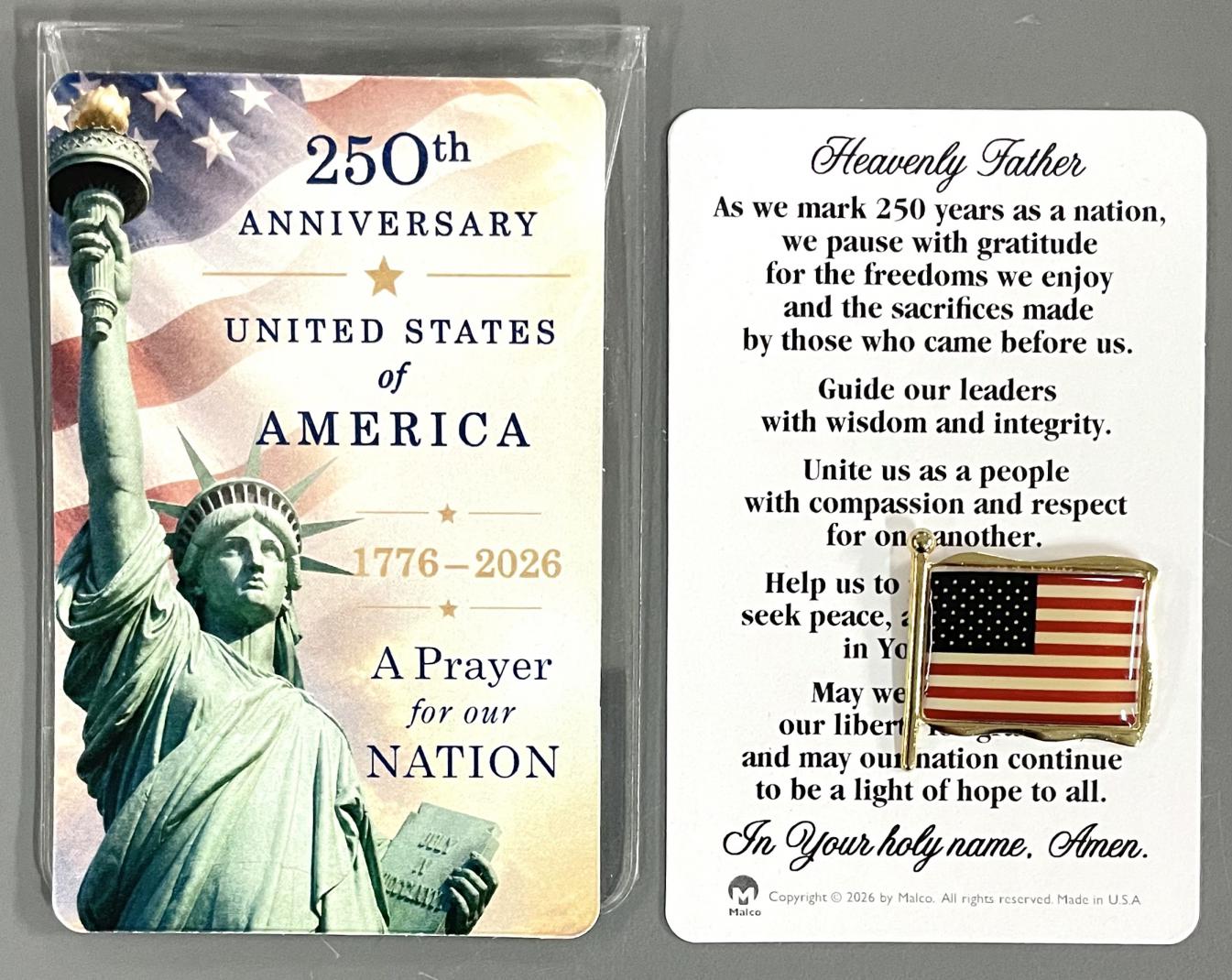 USA 250th ANNIVERSARY FLAG POCKET TOKEN WITH MESSAGE ON THE BACK OF THE TOKEN PACKAGED WITH WITH PRAYER CARD IN A PVC POUCH USA 250th ANNIVERSARY FLAG POCKET TOKEN WITH MESSAGE ON THE BACK OF THE TOKEN PACKAGED WITH WITH PRAYER CARD IN A PVC POUCH