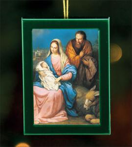1.75 in x 2.5 in Green Brushed Metal Ornament with Holy Family