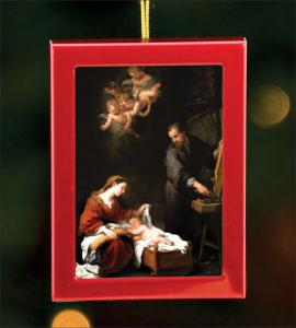 1.75 in x 2.5 in Red Brushed Metal Ornament with Holy Family