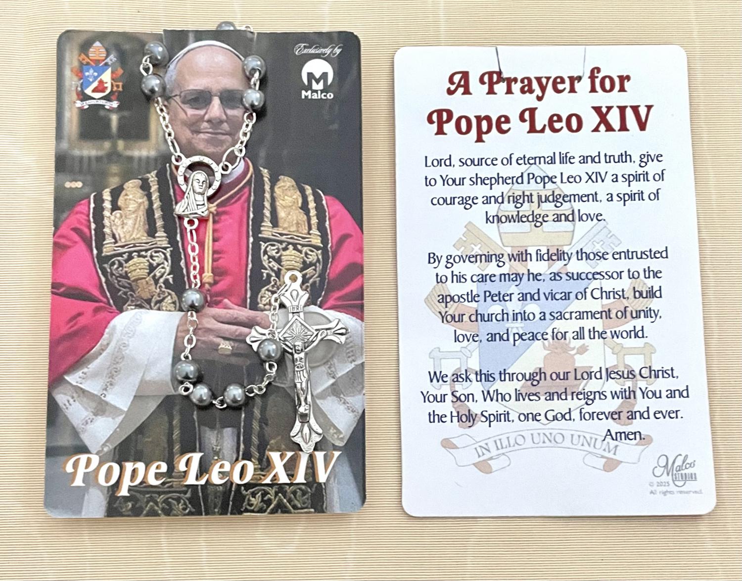 Pope Leo XIV Men's Rosary on Card with Prayer in hanging display bag.