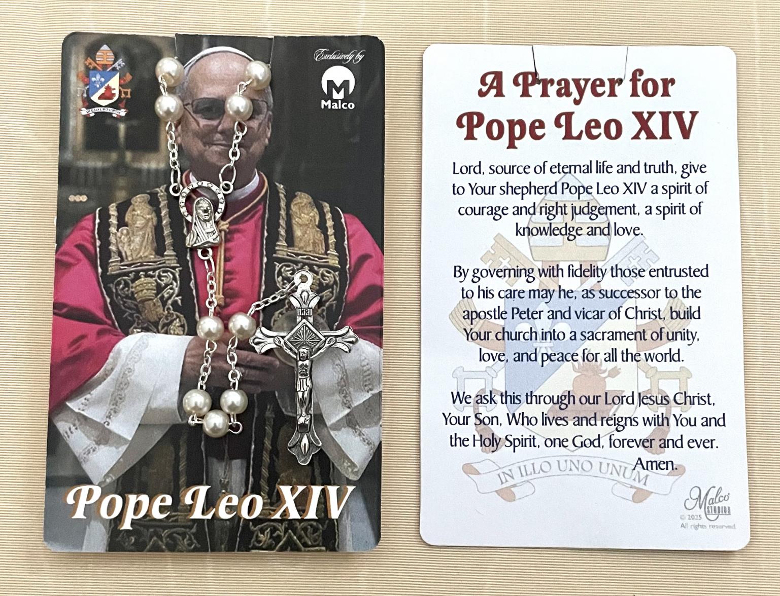 Pope Leo XIV Women's Rosary on Card with Prayer in hanging display bag.