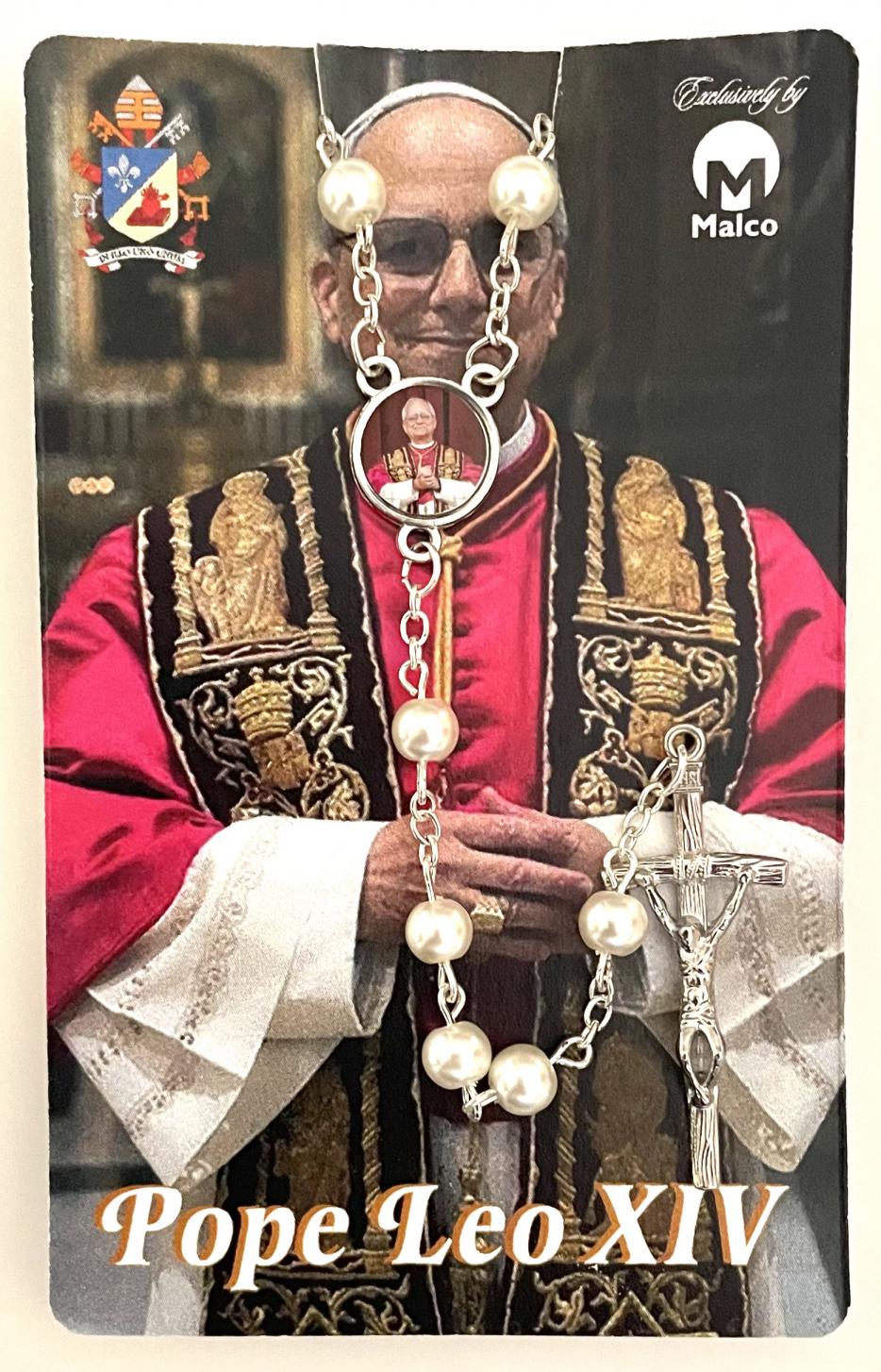 Pope Leo XIV Women's Rosary on Card with Prayer in hanging display bag. Rosary features Photo Centerpiece of Pope Leo and Papal Crucifix