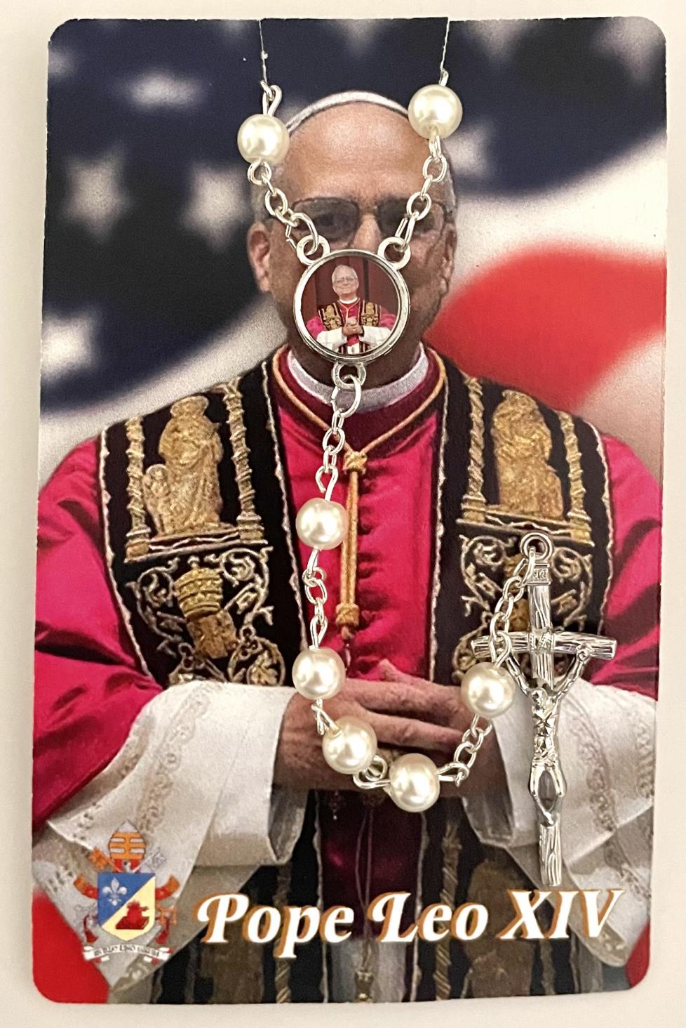 Leo XIV Women's Rosary on Card with Prayer in hanging display bag. Rosary features Photo Centerpiece of Pope Leo and Papal Crucifix