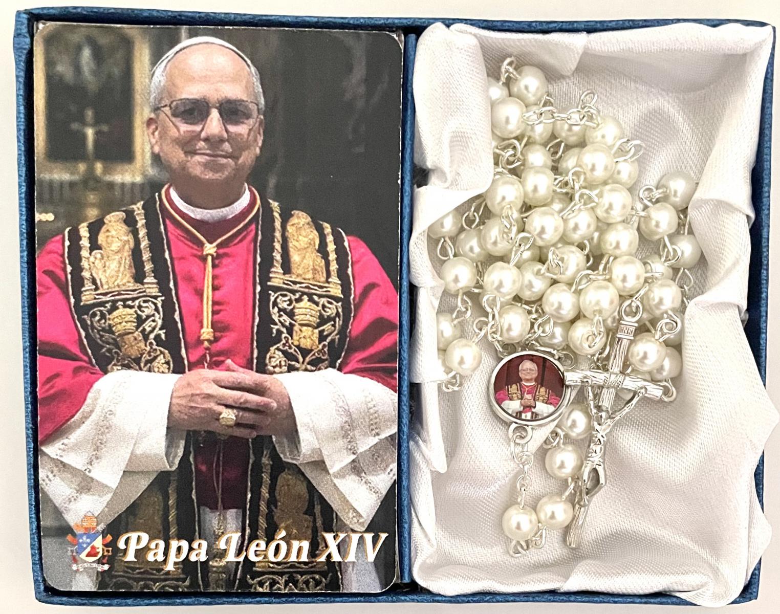 Leo XIV Women's Rosary with Spanish Prayer Card in Gift Box. Rosary features Photo Centerpiece of Pope Leo and Papal Crucifix