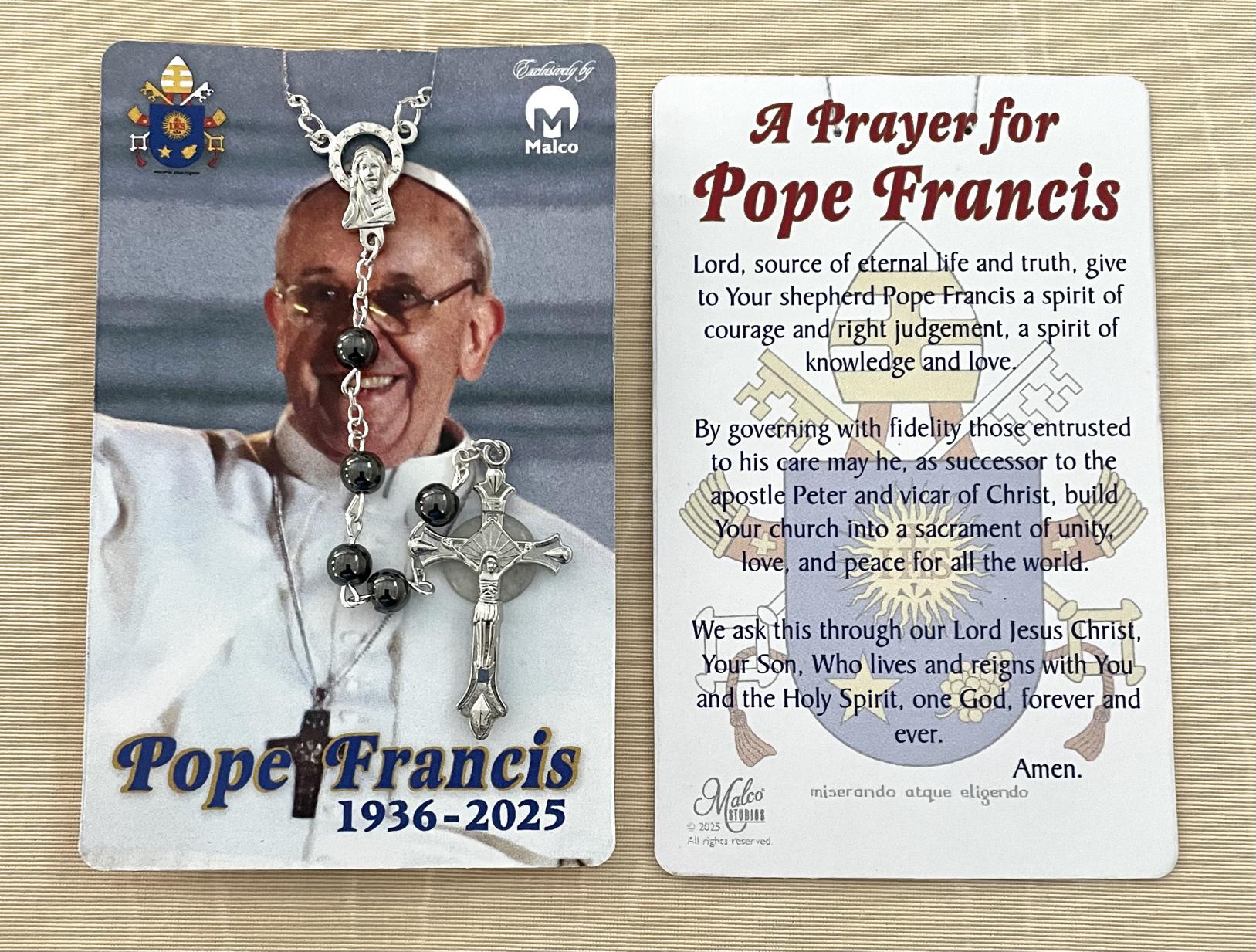 Pope Francis Men's Rosary on Prayer Card in hanging display bag.