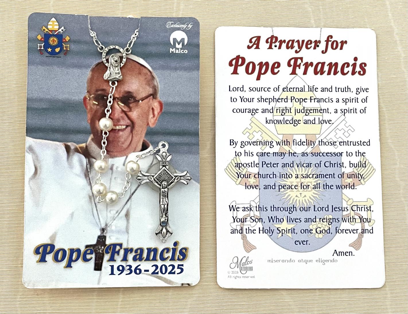 Pope Francis Women's Rosary on Prayer Card in hanging display bag.
