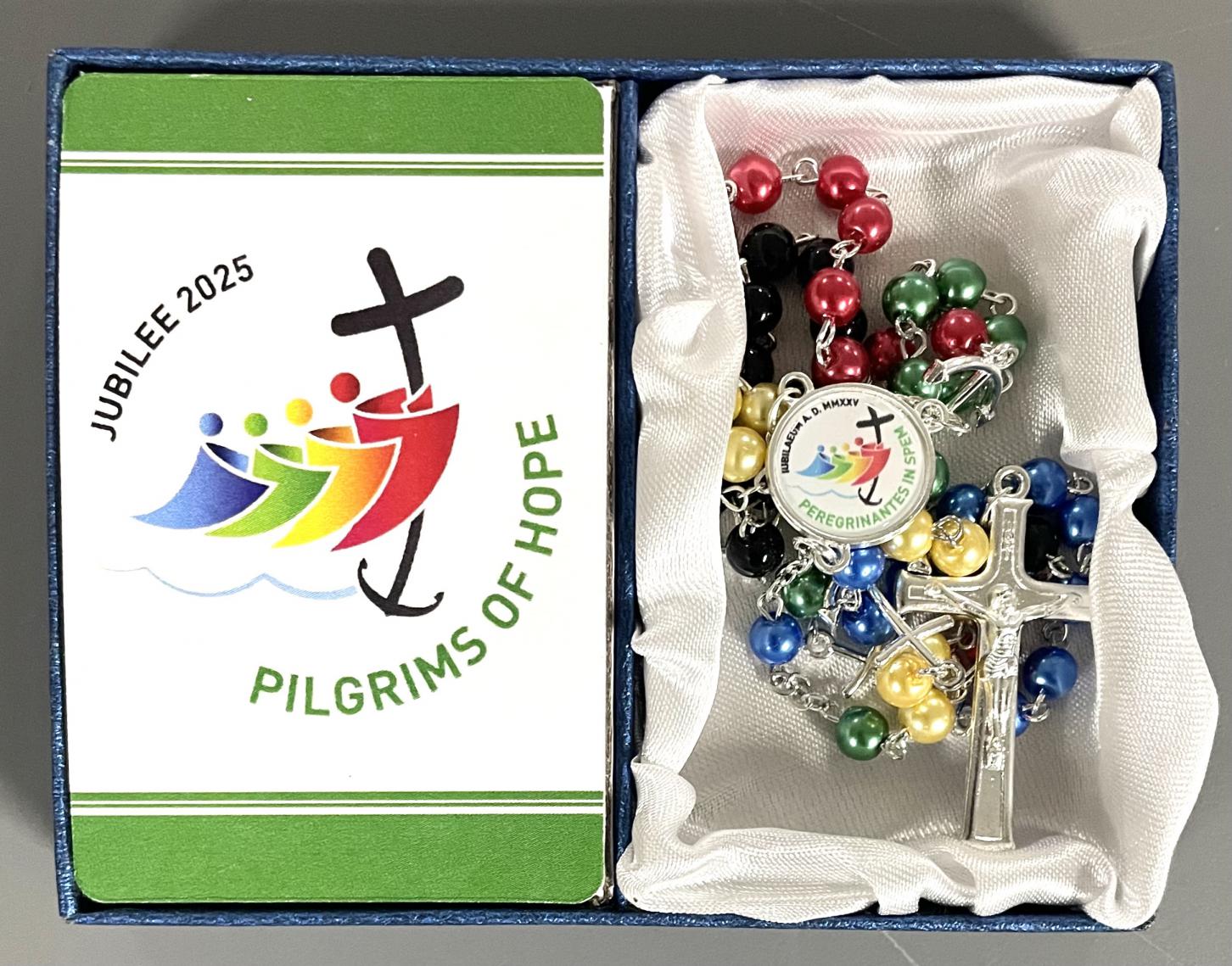 Jubilee 2025 6mm Multicolor Pearl Rosary with Jubilee Prayer Card in Gift Box