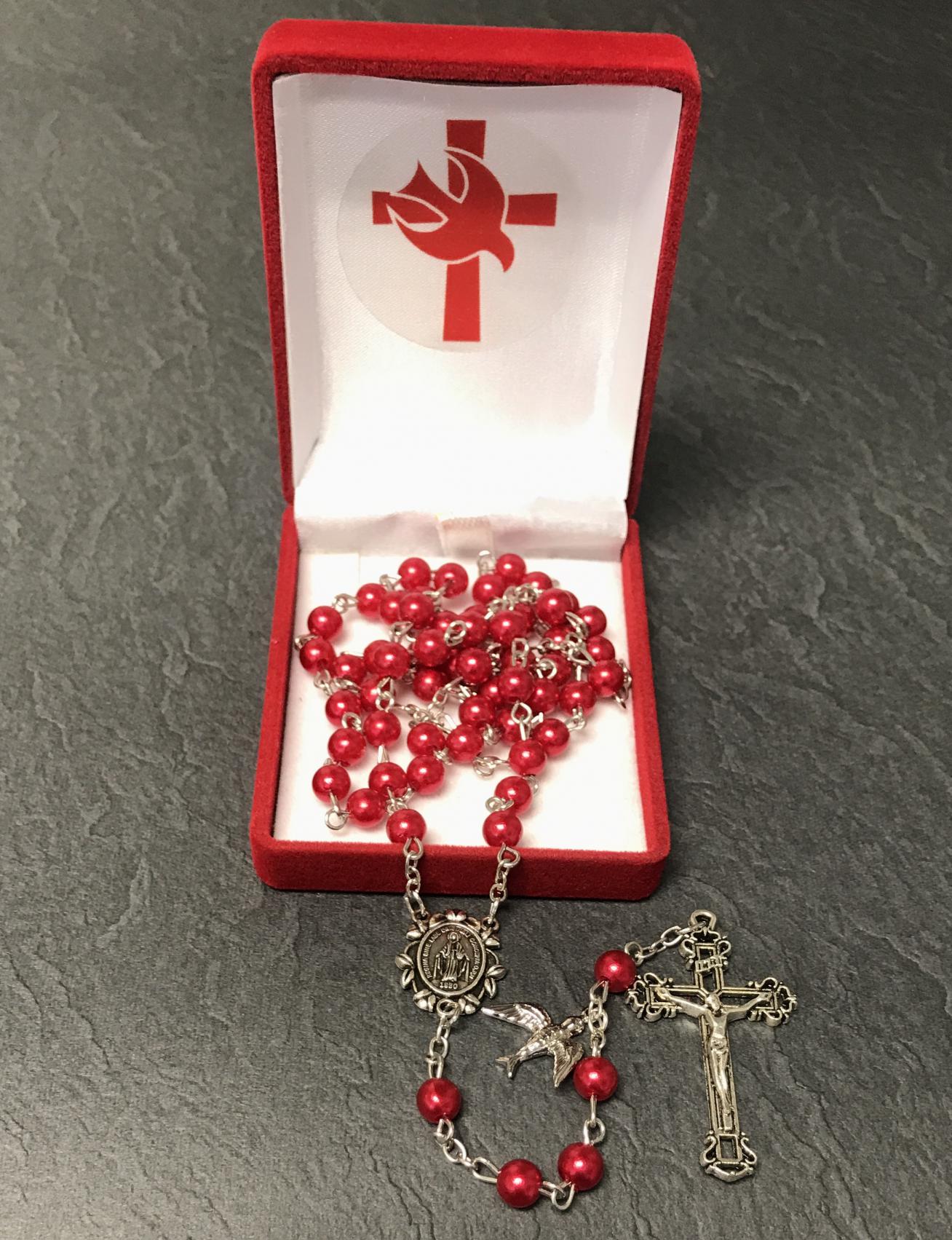 6mm RUBY PEARL CONFIRMATION ROSARY GIFT BOXED