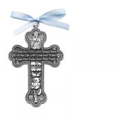 3in Bless This Boy Crib Cross with Blue Ribbon Gift Boxed