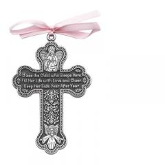 3in Bless This Girl Crib Cross with Pink Ribbon Gift Boxed