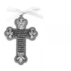 3in Guardian Angel Cross Crib Medal with White Ribbon Pewter