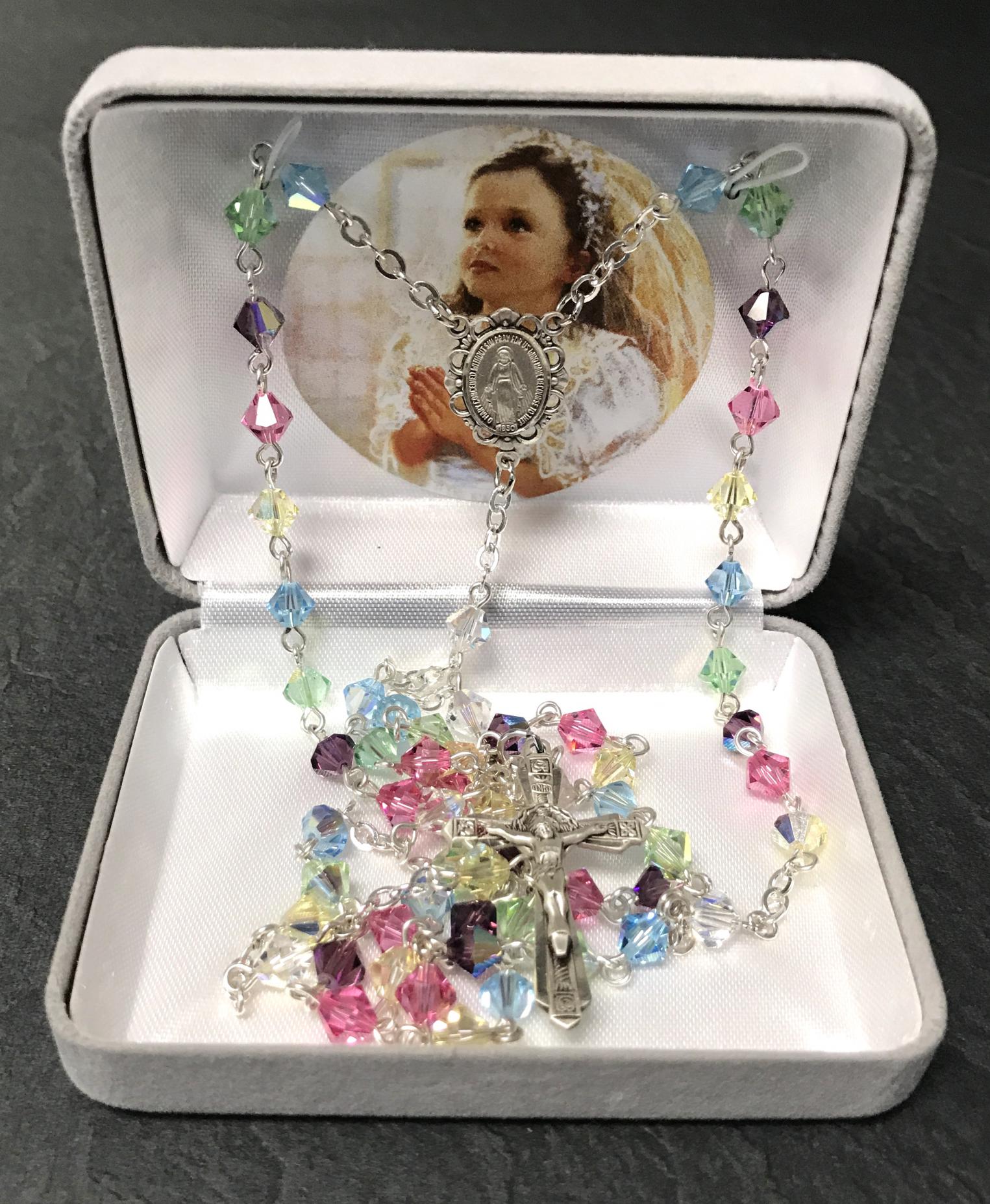 6mm RONDELLE MULTICOLOR AB SWAROVSKI ALL STERLING SILVER ROSARY GIFT BOXED