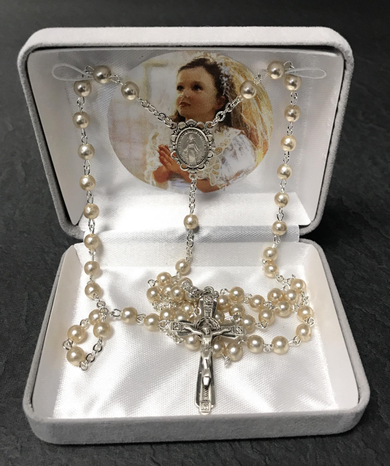 5mm PEARL STERLING SILVER WIRE & CHAIN FC ROSARY GIFT BOXED