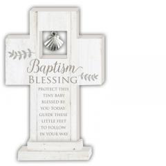 Baptism Blessing 6in Standing Cross with Shell Charm Gift Boxed
