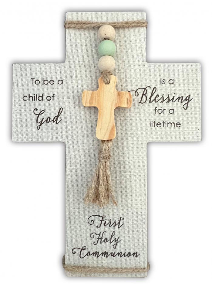First Communion - 7.5in Wood Cross, wrapped in fabric, adorned with jute, wood beads and cross. Ready to hang or stand.