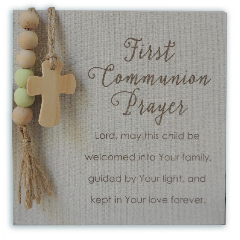 First Communion - Wood Plaque, wrapped in fabric, adorned with jute, wood beads and cross. Ready to hang or stand 6x6in