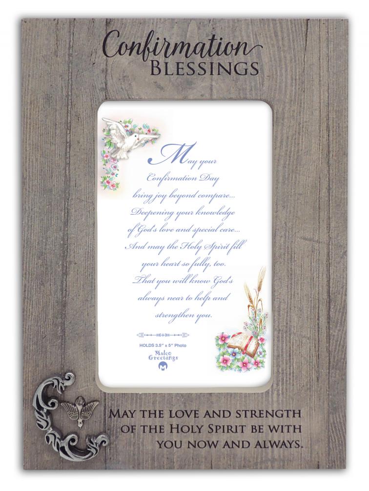 Confirmation - 3.5inx7.5in Wood Confirmation Frame with metal accent.  Hangs or stands-holds 3.5inx5in photo